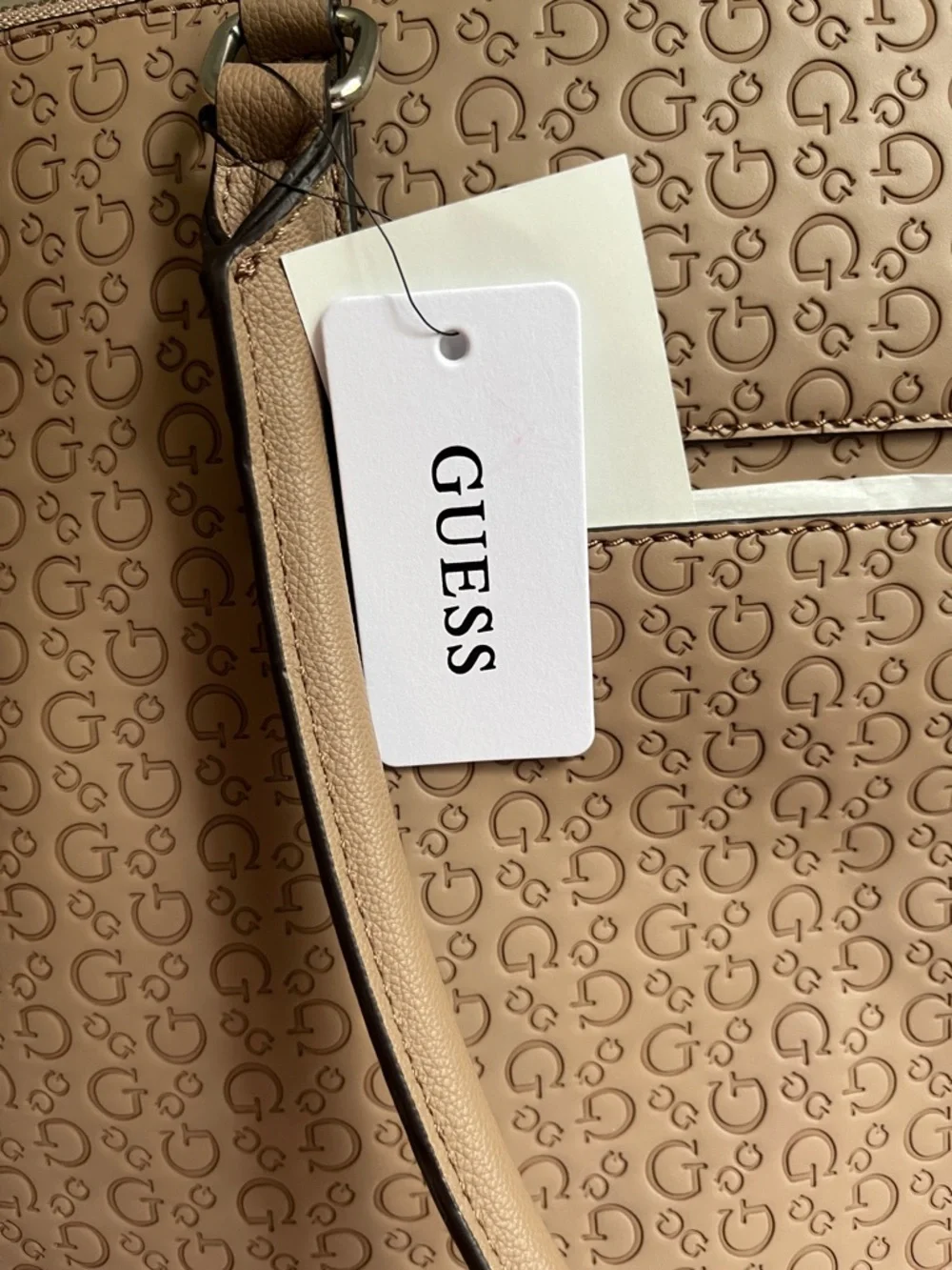GUESS Blush Taupe Logo-Print Satchel with Round Coin Pouch